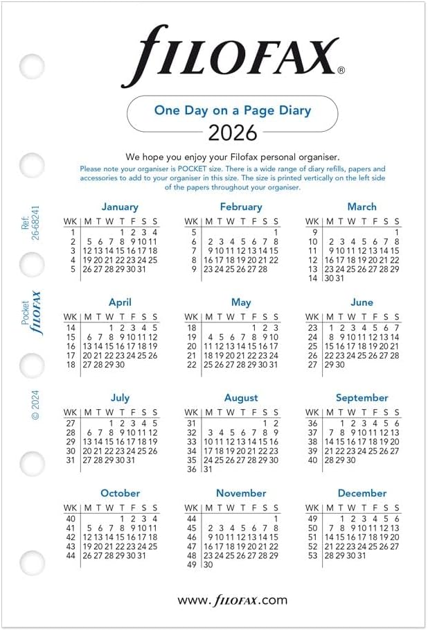 Filofax Calendar Diary Refill, Pocket Size, Day on One Page with Appointments, Ruled, White Paper, English, 2026 (C68241-26)
