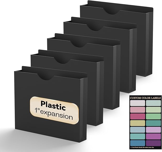 Plastic 1 Inch File Jackets Letter Size,12 Pack Reinforced Manilla Pocket Folders,Poly Expandable File Jacket for Documents,Heavy Duty Expansion Pocket Files with Straight Cut Tabs,Black