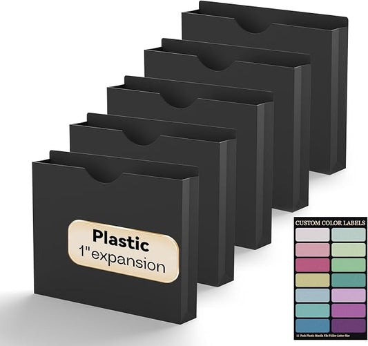 Plastic 1 Inch File Jackets Letter Size,12 Pack Reinforced Manilla Pocket Folders,Poly Expandable File Jacket for Documents,Heavy Duty Expansion Pocket Files with Straight Cut Tabs,Black
