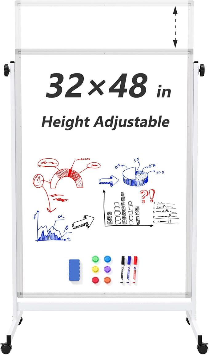 Large Rolling Whiteboard on Wheels, 48" x 32" Height Adjustable Mobile White Board with Stand, Portable Standing Magnetic Dry Erase Board Easel for Home Office Classroom School, Silver