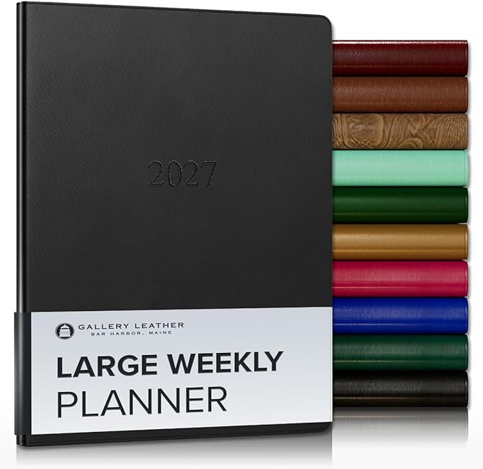 Gallery Leather Large Weekly Monthly Planner 2027, Elegantly Bound Calendar Planner and Notebook with Stylish Gold-Gilded Page Edges, 12 Months - Freeport Black - 9.75x7.5"