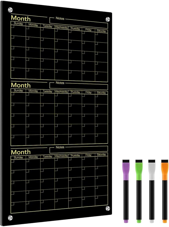 Black Glass Whiteboard Calendar 36" X 18" 3 Month Dry Erase White Board Planner Glass Large Wall Mounted Calendar with Marker Tray for Wall Home Office
