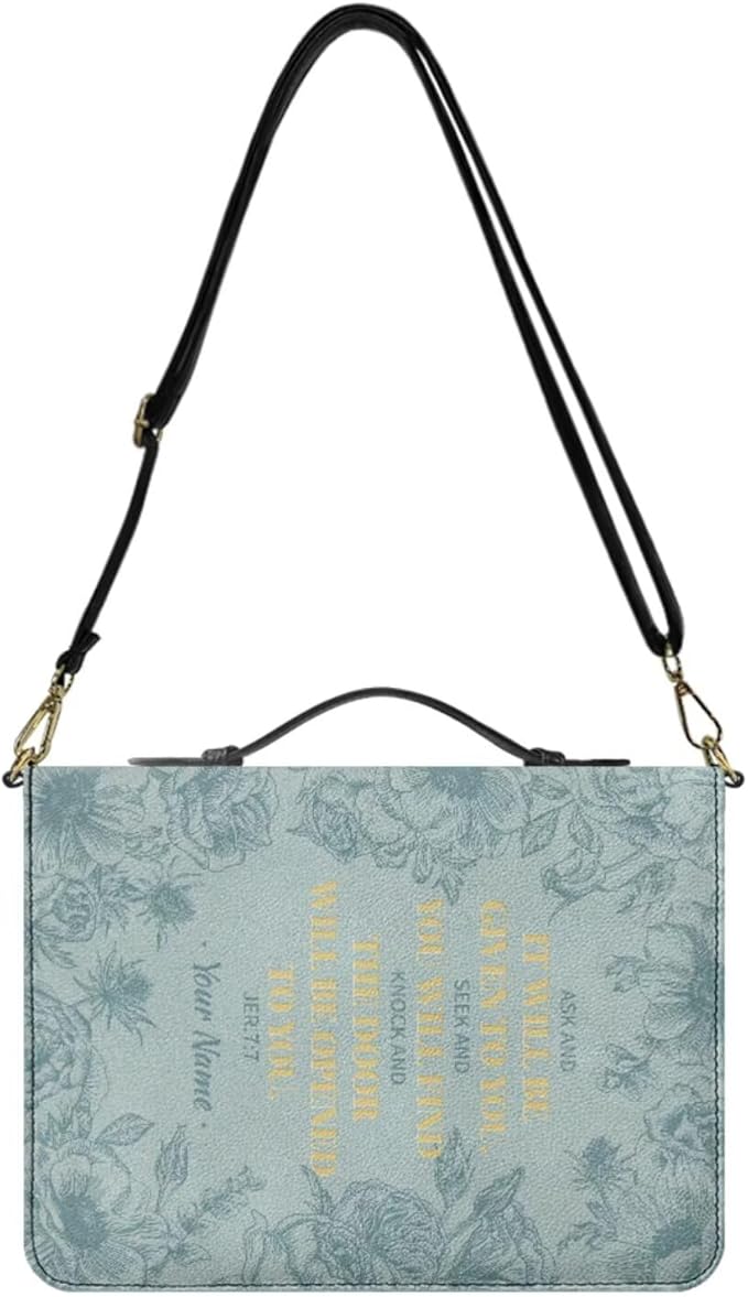 Custom Bible Covers for Women, Floral Teal Design with JER 7:7 Inspirational Bible Verse PU Leather Bible Case with Zipper, Handle & Detachable Adjustable Strap, Extra Large