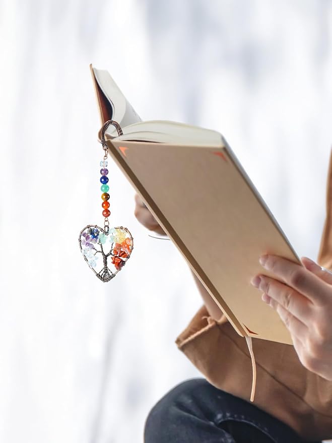 Jovivi 7 Chakra Crystal Bookmark,Antique Copper Metal Bookmark,Handmade Vintage Healing Crystals Heart Tree Life Tumbled Gemstone Pendant Bookmarks Gifts for Women Men Book Lovers
