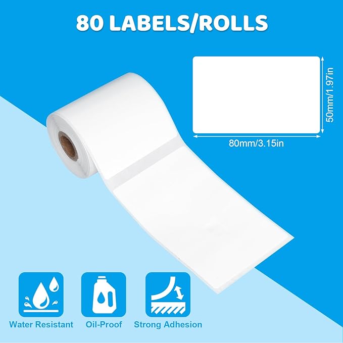 3 Rolls Thermal Label Tape Label Print Stickers 1.97''x3.15''(50x80mm) Self-Adhesive Tape 80 Labels Per Roll (White, 1.97"x3.15")