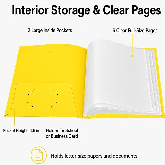 Ultra PRO - 50 Pack Yellow Heavy Duty 2-Pocket Folders with 6 Clear Internal Pages, Waterproof Poly Project Organizer for School and Office, Fits 8.5 x 11 Letter Size, Customizable Clear Covers