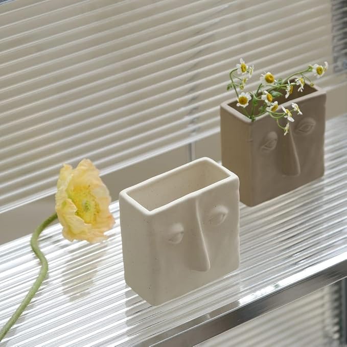 WENSHUO Abstract Square Face Pen Holder, Modern and Minimalistic Desk Accessories (Crème)