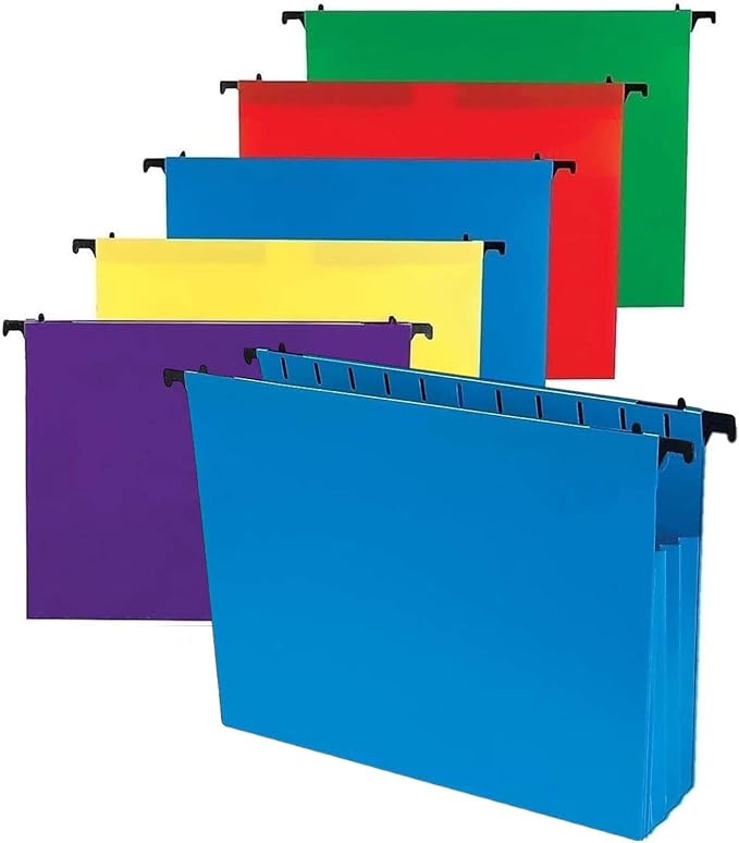 1InTheOffice Poly Expanding Hanging File Folders Letter Size, Hanging File Pocket, File Cabinet Dividers, Assorted, 5/Pack