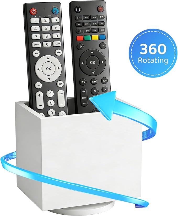 360° Rotating Remote Control Holder, Wooden TV Remote Holder for Table, Desk Organizer Caddy Media Storage Box Ideal for Living Room, Bedroom, Office Desk (White)