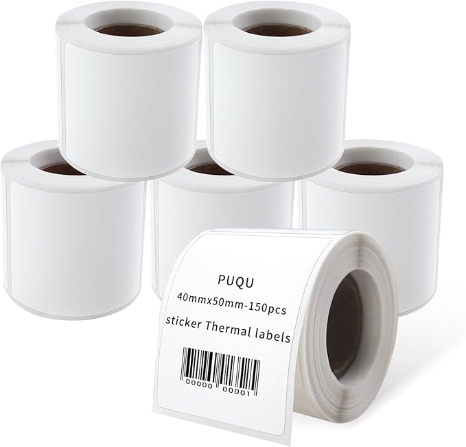 PUQU 40x50mm Direct Thermal Sticker Labels, Self-Adhesive All-Purpose Label Maker Tape, Compatible with AQ Series Label Printer, Refills Standard Laminated Office Labeling, 6 Rolls, 900 Labels