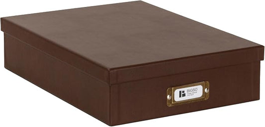 Bigso Oskar Fiberboard Document Storage Box with Lid for A4 and Letter Size Papers - Stylish, Sturdy, and Stackable Keepsake Box with Label Holder - W10.2in x D13.8in x H3.3in - Recycled Leather