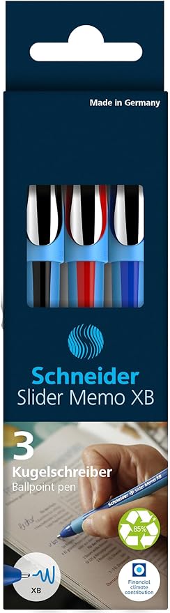 Schneider Slider Memo XB (Extra Broad) Ballpoint Pen, 1.4 mm, Light Blue Barrel, Assorted Ink Colors, Pack of 3 Pens: Black, Red, Blue (150293)