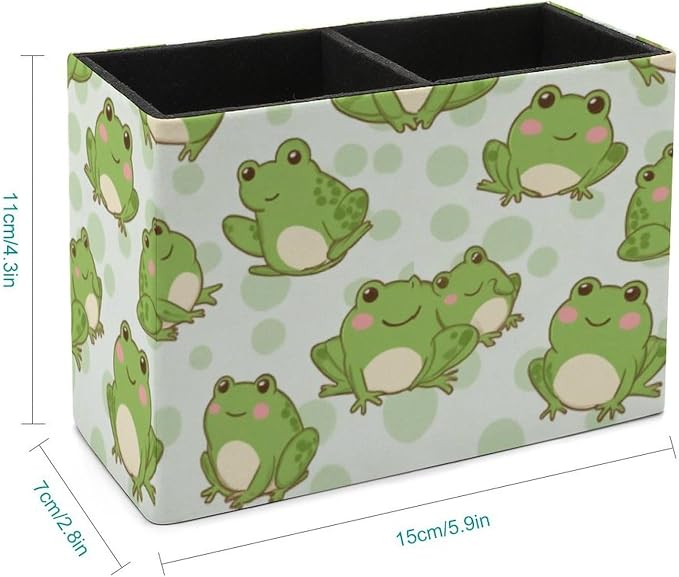 Desk Organizer Pen Holder Cute Frog, Square Multi-Functional Pencil Container for Decoration Home and Office, PU Leather Pen Container