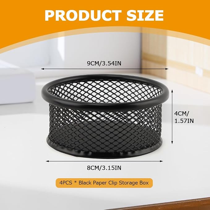 Paper Clip Holder, Stackable Mesh Desk Organizer, 4 Pack Black Metal Dispenser Organizer Box for Desk Office Binder Supplies & Small Accessories(SIZE:Round)