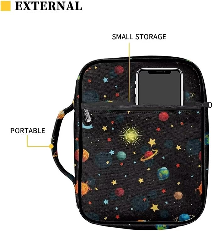 Coldinair Universe Stellar Planets Large Bible Cover with Handle and Bookmark for Kids Boy Bible Carrying Book Case Nylon Church Bag Bible Protective,Standard Large Size Bible Covers