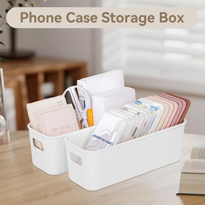Cyrank Phone Case Organizer, White Phone Case Storage Box Storage Bins Holder Cell Box for Desk Cupboard Cabinet
