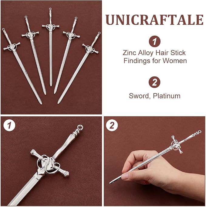 UNICRAFTALE 6Pcs Sword Bookmarks Hair Pins Sticks Vintage Platinum Metal Pendant Bookmarks Sword Hair Pin Ancient Large Sword Bookmark Charms for Reading Crafting Gifts Book Lovers Presents