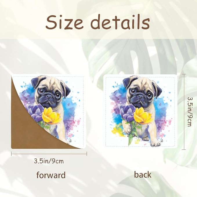 2PCS PU Leather Bookmarks 3.5x3.5 Inch Pug Yellow Flower Design | PU leather bookmarks with pug yellow flower design for novels, journals, planners, pet lovers, students and book fans