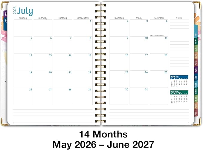 HARDCOVER Academic Year 2026-2027 Planner: 14 Months (May 2026 Through June 2027) 8.5"x 11" Daily Weekly Monthly Planner Yearly Agenda. Bookmark, Pocket Folder and Sticky Note Set (Rainbow Floral)