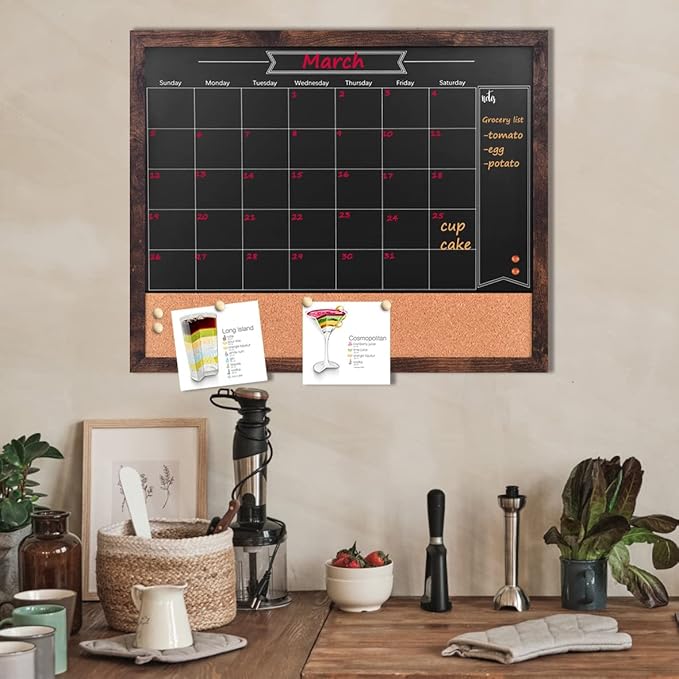 Chalkboard Calendar and Bulletin Combo Board. 18" x 22" Brown Wooden Frame，Magnetic Chalkboard.Perfect for Office, Home School Message Board，HBZHB-BN4555-US