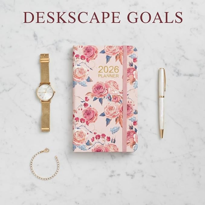 A6 2026 Daily Weekly Monthly Annual Planner with Pink Flower, Small Pocket Planner Notebook Agenda Book For Women