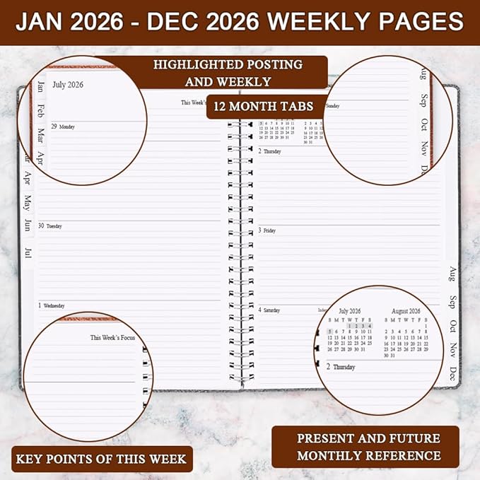 Planner 2026 - Weekly & Monthly Planner Runs from January 2026 to December 2026, 8.5 x 11", 12 Month Tabs, Inner Pocket, PU Leather Cover with Twin-Wire Binding, Monthly Planners 2026, Brown