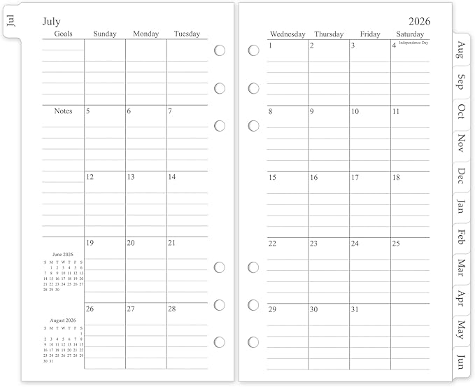 2026-2027 Monthly Planner Refill, A6 Small Size Planner Inserts for 6 Ring, 3.8"x6.8", Jul. 2026 - Dec. 2027, 18 Monthly Calendars with Laminated Tabs, 6-Hole Punched