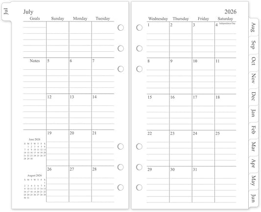2026-2027 Monthly Planner Refill, A6 Small Size Planner Inserts for 6 Ring, 3.8"x6.8", Jul. 2026 - Dec. 2027, 18 Monthly Calendars with Laminated Tabs, 6-Hole Punched