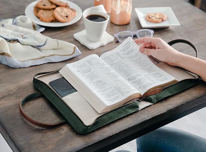 Bible Cover for Women Canvas Case with Leather Handles, Purse Style Bible Bag with Zippered Closure and Snap Pocket (Green/Cream, Medium and Large Bibles)
