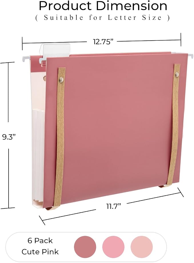 Y YOMA 6 Pack Extra Capacity Hanging File Folders with Handle Letter Size Accordion Decorative Reinforced File Folder Cute Colored Expandable Portable Folder with 1/5-Cut Adjustable Tabs, Cute Pink