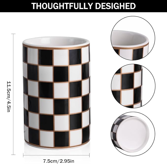 Ceramic Checkered Pen Holder For Desk,Cute Stand Black And White Pencil Cup,Durable Ceramic Pencil Cup, Decorative Makeup Brush Holder Cup, Stationery Holder for Office, School, Home (Black)