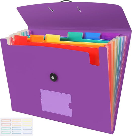 7 Pocket Accordian File Folders, Expanding File Folder A4 Letter Size Paper Portable Document Organizer-Purple