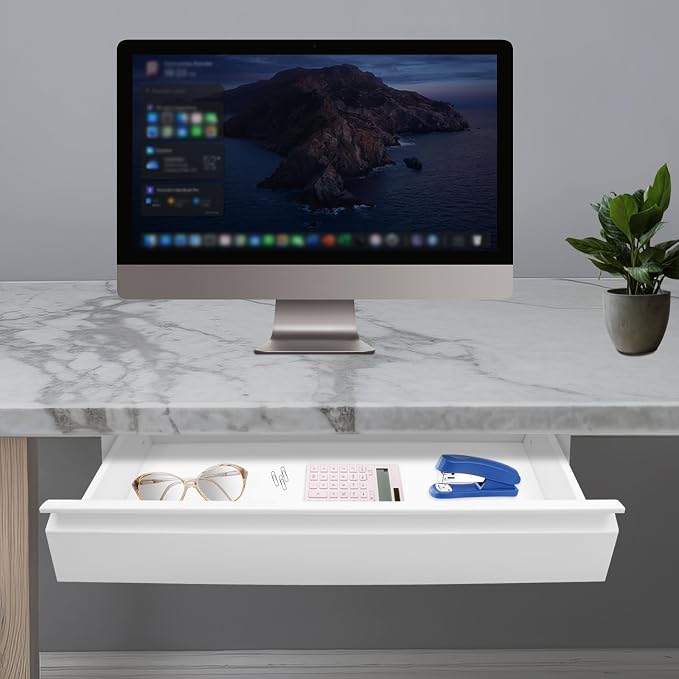 22 Inch Under Desk Mounted Sliding Pull-out Drawer Storage for Sit Stand Workstation Office(Applicable Table Thickness: 0.79in) White