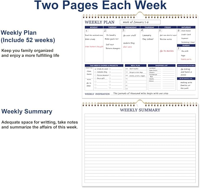 (2-Pack) Large Weekly Planner - 17" x 12" Spiral Weekly Calendar, 52 Weekly Goals Schedule Planner for Planning and Organizing Family Activities, Meal Tracker, Undated