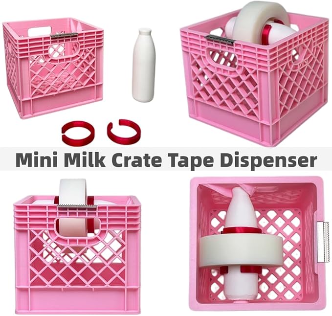 Mini Milk Crate Tape Dispenser - Cute Desk Accessories - Fun Office Supplies- Unique Unusual Desktop Organizer - Useful Novelty Practical Coworker Gag Gifts Vintage Decor Accents (Pink)