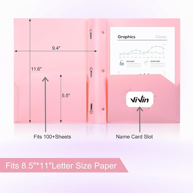 ViVin Sturdy Plastic Folder with Pockets,12 Pack,Heavy Duty Two Pocket 3 Prong Folders,Holds Letter Size Paper,File Folders with Business Card Slot for School Home and Office(Pink)