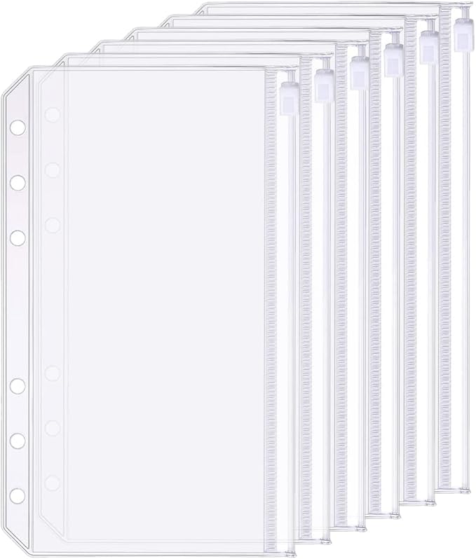 6 Pack A6 6 Holes Binder Zip Pockets Plastic Binder Zipper Folders Waterproof 6 Holes Zipper Loose Leaf Bags Zip Lock Envelope for Documents Notebooks Cards