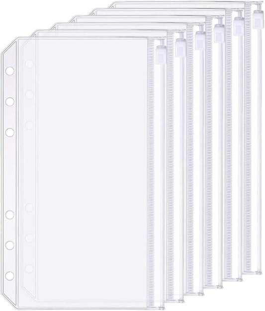 6 Pack A6 6 Holes Binder Zip Pockets Plastic Binder Zipper Folders Waterproof 6 Holes Zipper Loose Leaf Bags Zip Lock Envelope for Documents Notebooks Cards