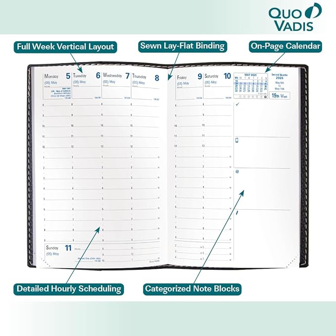 Quo Vadis 2026 Business - Weekly Planner - 12 Months, Jan. to Dec. - 4 x 6" - Grained Faux Leather Club Grey Cover- Time Management Appointment Organizer