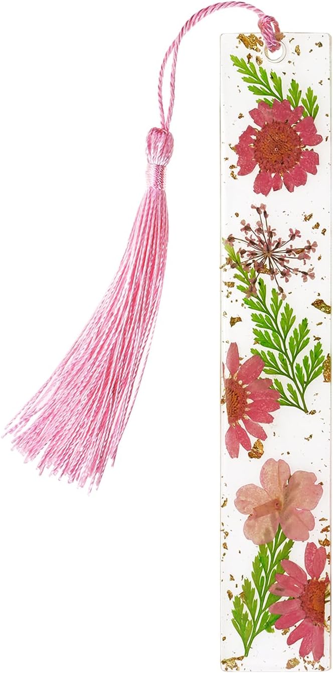 Penta Angel Dried Flower Resin Bookmarks Handmade Clear Pressed Floral Page Markers with Silky Tassel Reading Gift for Women Adults Graduation Valentine’s Day Christmas (Pink & Green)