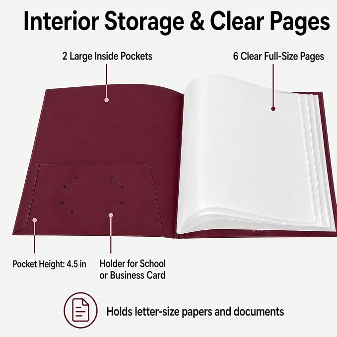 Ultra PRO - 50 Pack Burgundy Heavy Duty 2-Pocket Folders with 6 Clear Internal Pages, Waterproof Poly Project Organizer for School and Office, Fits 8.5 x 11 Letter Size, Customizable Clear Covers