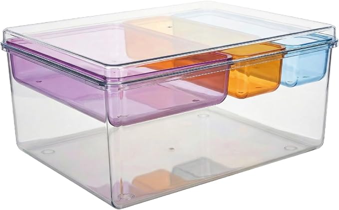 MOSSRIVER 4 Pack Clear Drawer Organizer Set, Plastic Desk Organizer Bin with Lid & Trays, Colorful Storage Box with Removable Trays for Cosmetics, Jewelry, Bedroom, Bathroom, Office, Combo 06