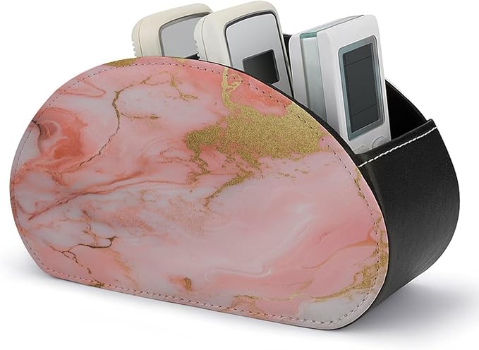 Pink And Gold Marble Pattern Remote Control Holder with 5 Compartments Leather TV Remote Caddy Remote Storage Box Desktop Organizer for Pen/TV Remotes/Media Controllers/Office Supplies
