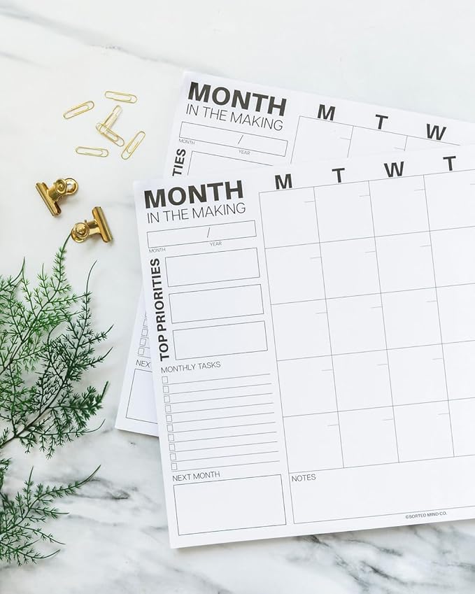 Undated Monthly Planning Calendar Sheets by Sorted Mind Co - 24 Tear-Off Sheets A3 Size - Premium Planner Pad for Students Office & Home Organization - Large Organizer for Goals Tasks To Do Lists
