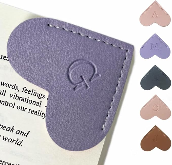Personalized Leather Book Marks, Heart Bookmark, Unique Cute Handmade Letter Bookmarks Accessories for Reading Women, Teacher, Student, Book Lovers Book Mark Gifts (Purple, G)
