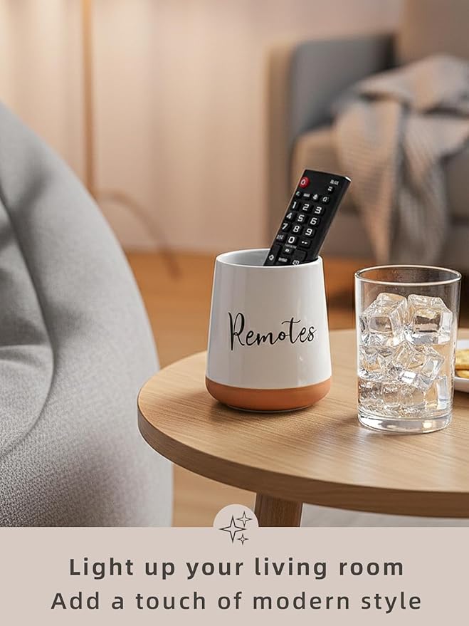 LEETOYI Ceramic Bedside Remote Caddy, 4.1" Remote Control Holder for Makeup Brushes & Office Supplies, Farmhouse Remote Organizer for Table, Living Room, Bedroom & Office