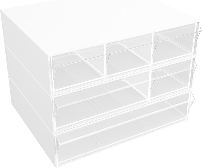 Gonice Desk Organizer 3 Tier Stackable Storage Drawers with 6 Compartments, White Plastic Stackable Supplies Drawer Organizer for Office, Home, School