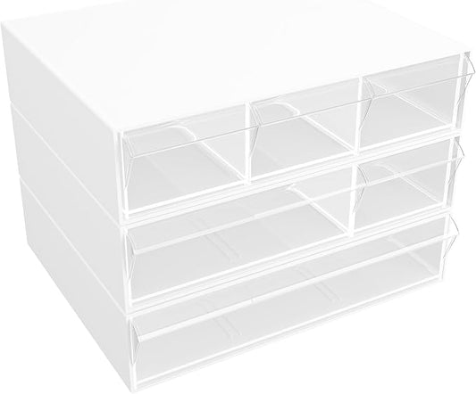 Gonice Desk Organizer 3 Tier Stackable Storage Drawers with 6 Compartments, White Plastic Stackable Supplies Drawer Organizer for Office, Home, School