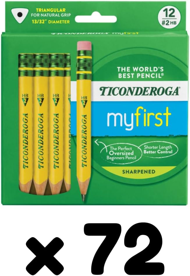 Ticonderoga My First Half-Size Wooden Pencils, Large Triangle-Barrel Pre-Sharpened #2 (HB) Short 4.5" Yellow Pencils with Erasers, Yellow, 12/Pack, Case of 72 Packs