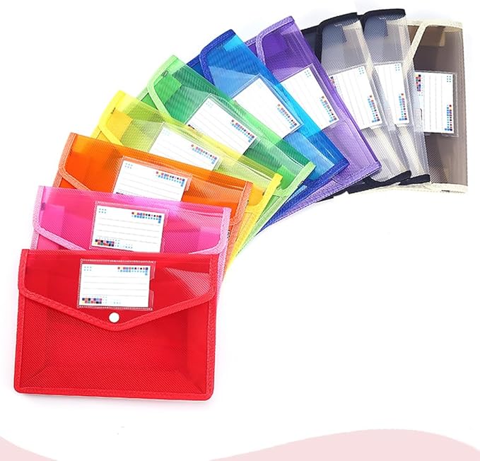 Plastic File Folder A4 Size Expandable Poly Envelopes Waterproof Transparent File Pouch with Snap Closure & Label Pocket Assorted Colors for School Organization